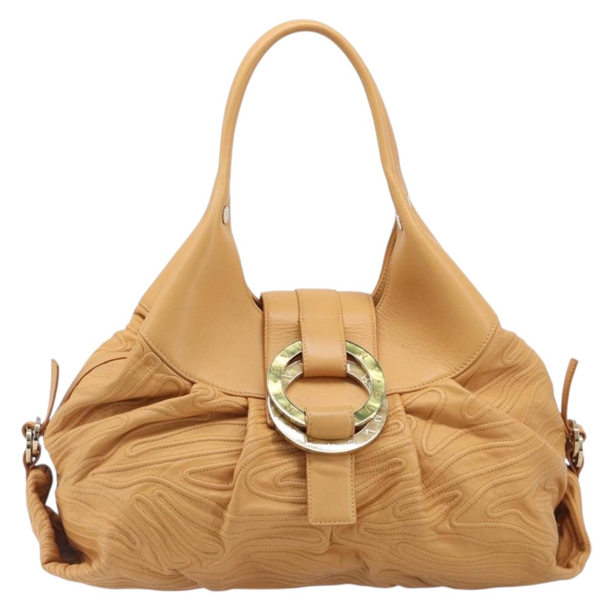 BVLGARI Shoulder Chandra Hand Bag Leather Beige Gold Auth am12555M