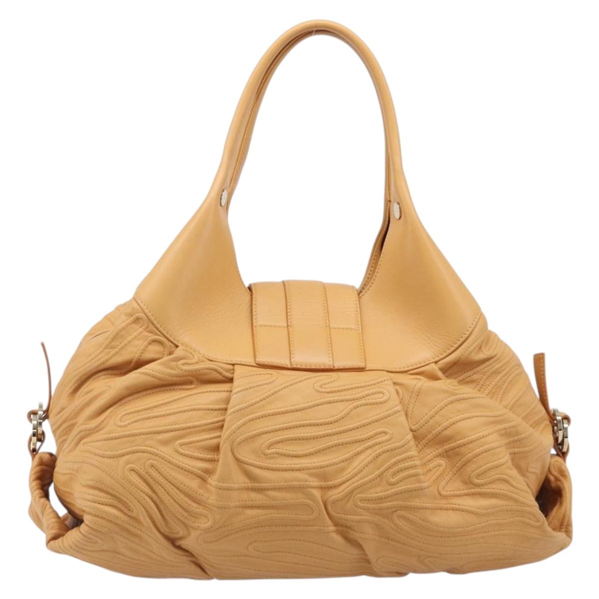 BVLGARI Shoulder Chandra Hand Bag Leather Beige Gold Auth am12555M