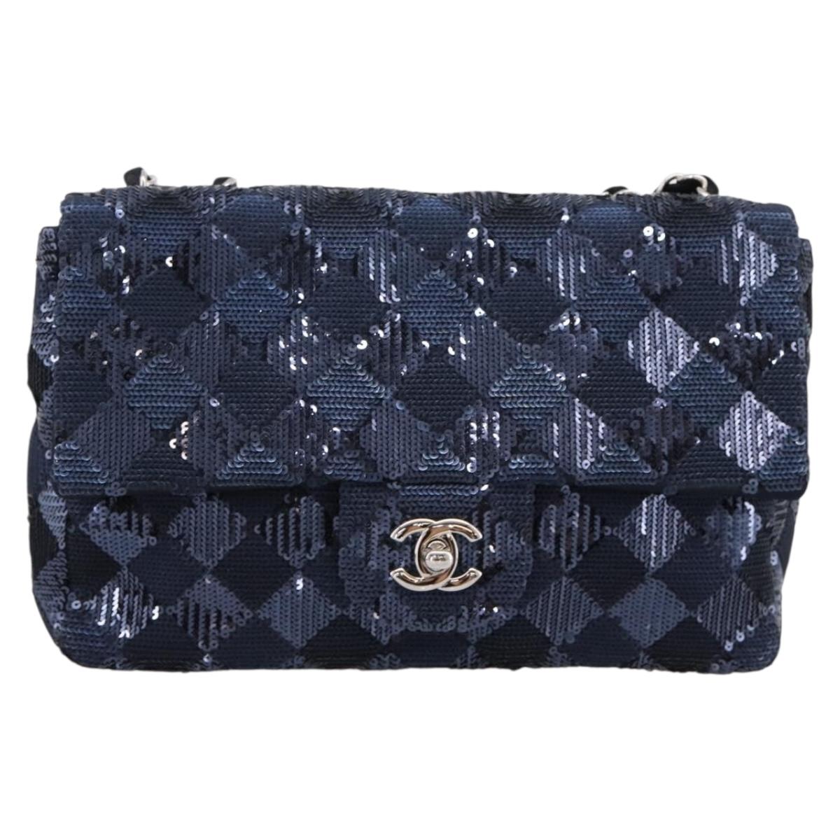 CHANEL Matelasse Double Flap Chain Bag Sequin Navy Silver CC Auth am12561SM