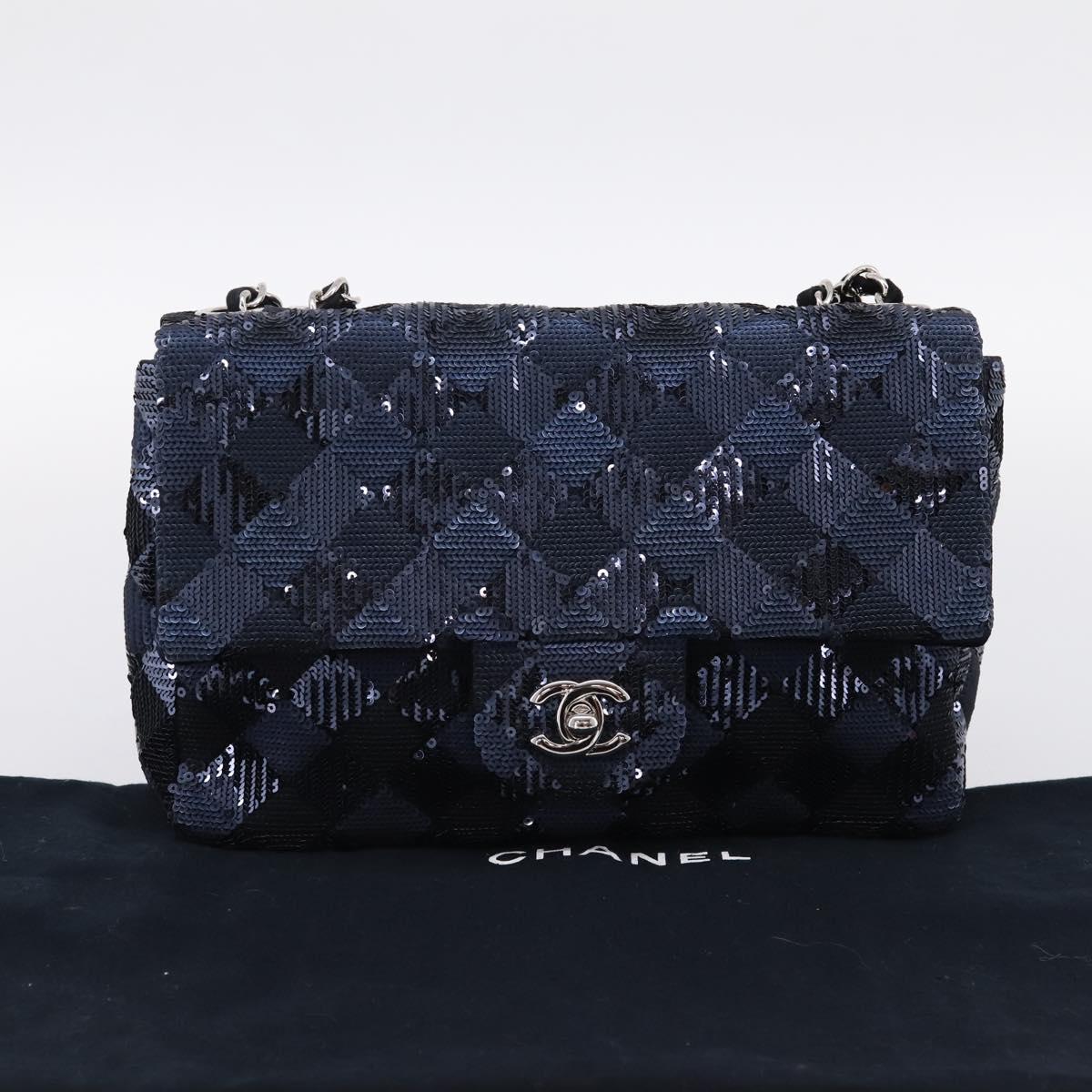 CHANEL Matelasse Double Flap Chain Bag Sequin Navy Silver CC Auth am12561SM