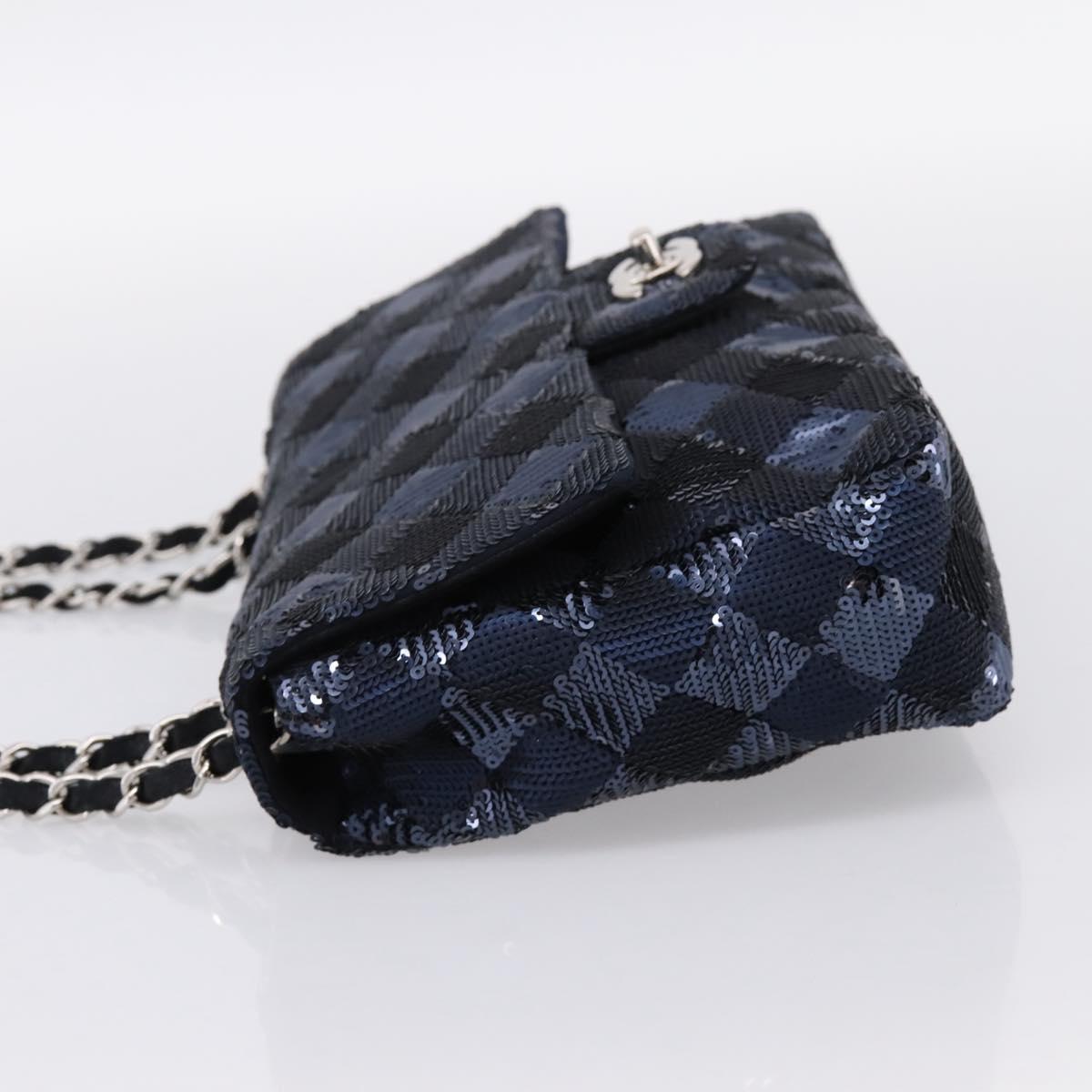 CHANEL Matelasse Double Flap Chain Bag Sequin Navy Silver CC Auth am12561SM