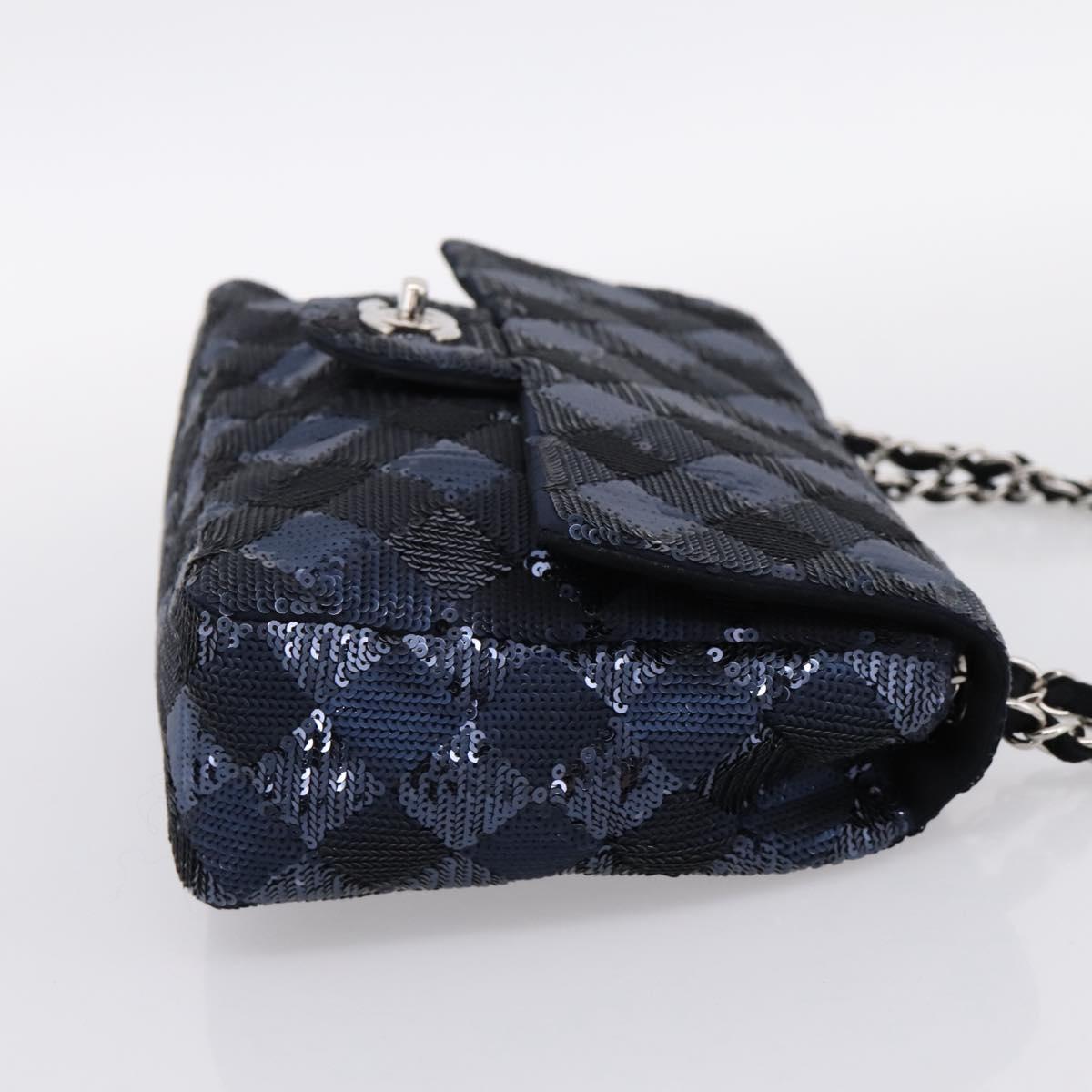 CHANEL Matelasse Double Flap Chain Bag Sequin Navy Silver CC Auth am12561SM