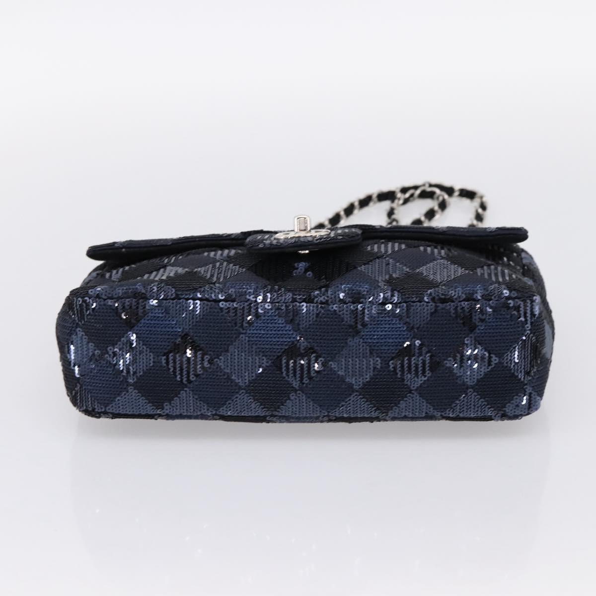 CHANEL Matelasse Double Flap Chain Bag Sequin Navy Silver CC Auth am12561SM