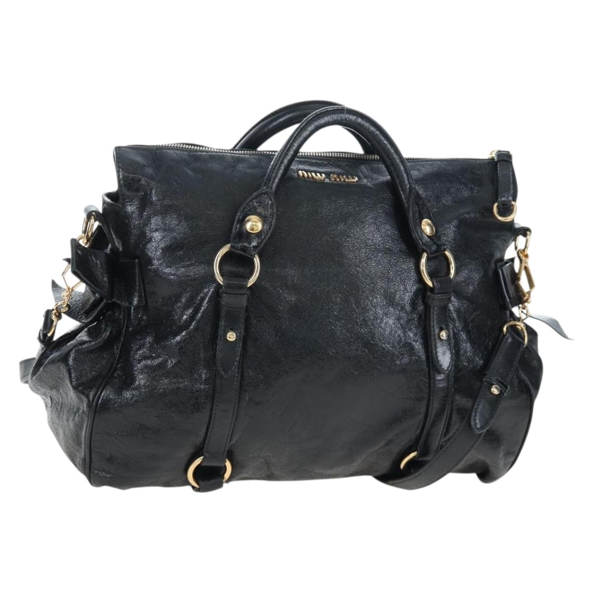 Miu Miu Side Ribbon Hand Bag Leather 2way Black Gold Auth am12564V