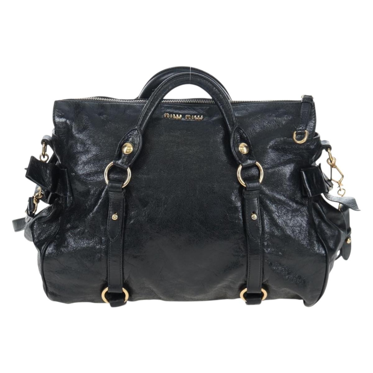 Miu Miu Side Ribbon Hand Bag Leather 2way Black Gold Auth am12564V