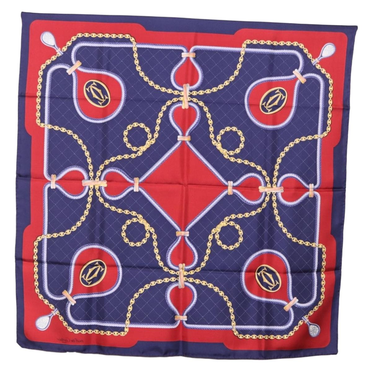 CARTIER Scarf Silk Navy Red Auth am12567M