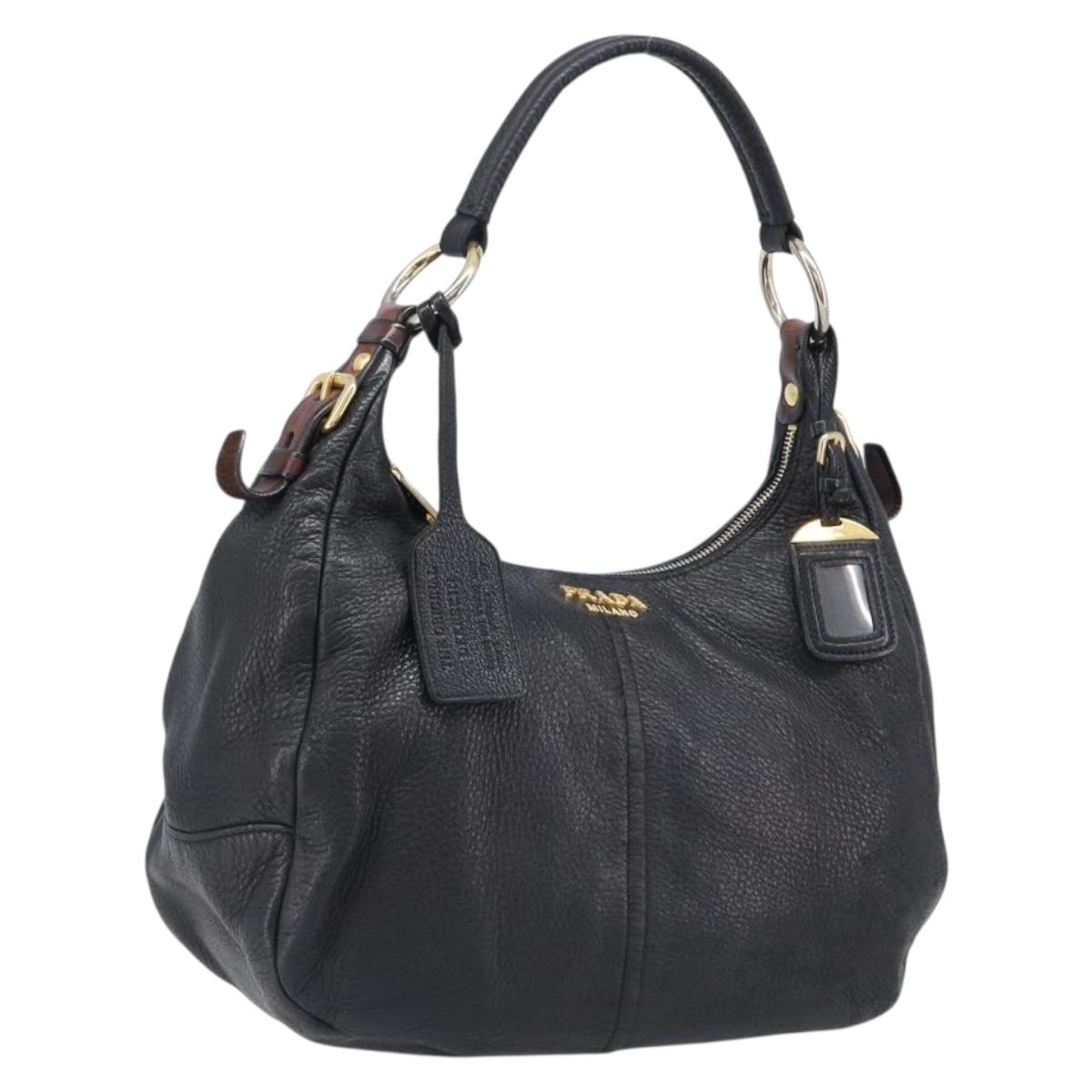 PRADA Shoulder Bag Leather Black Gold Auth am12572V