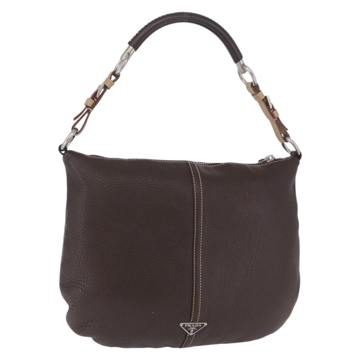 PRADA Shoulder Bag Leather Brown Silver Auth am12574V