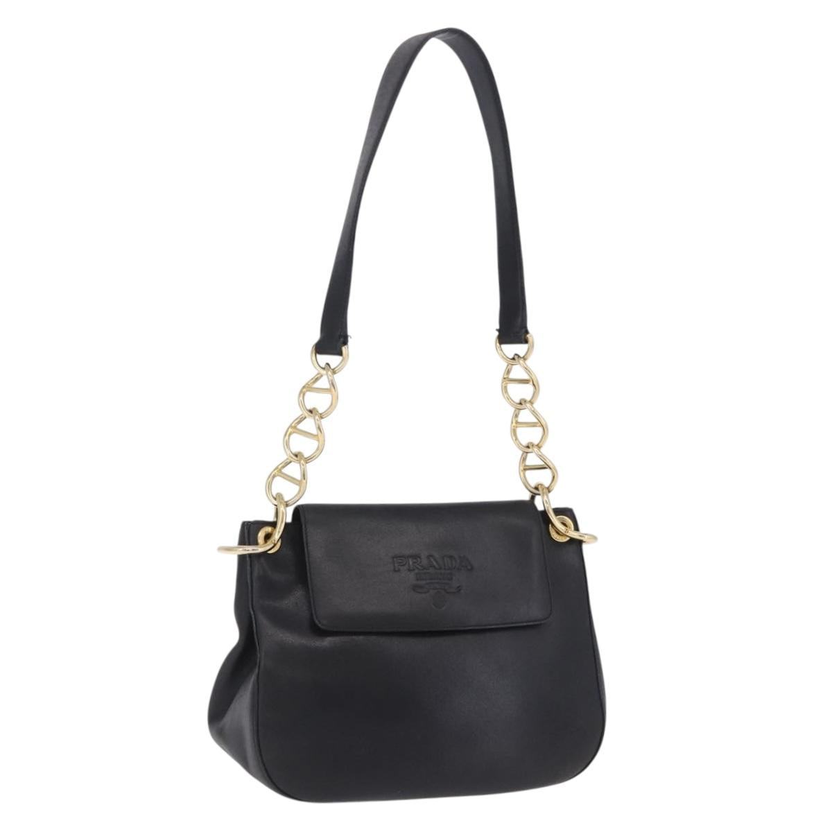 PRADA Chain Shoulder Bag Leather Black Gold Auth am12576V
