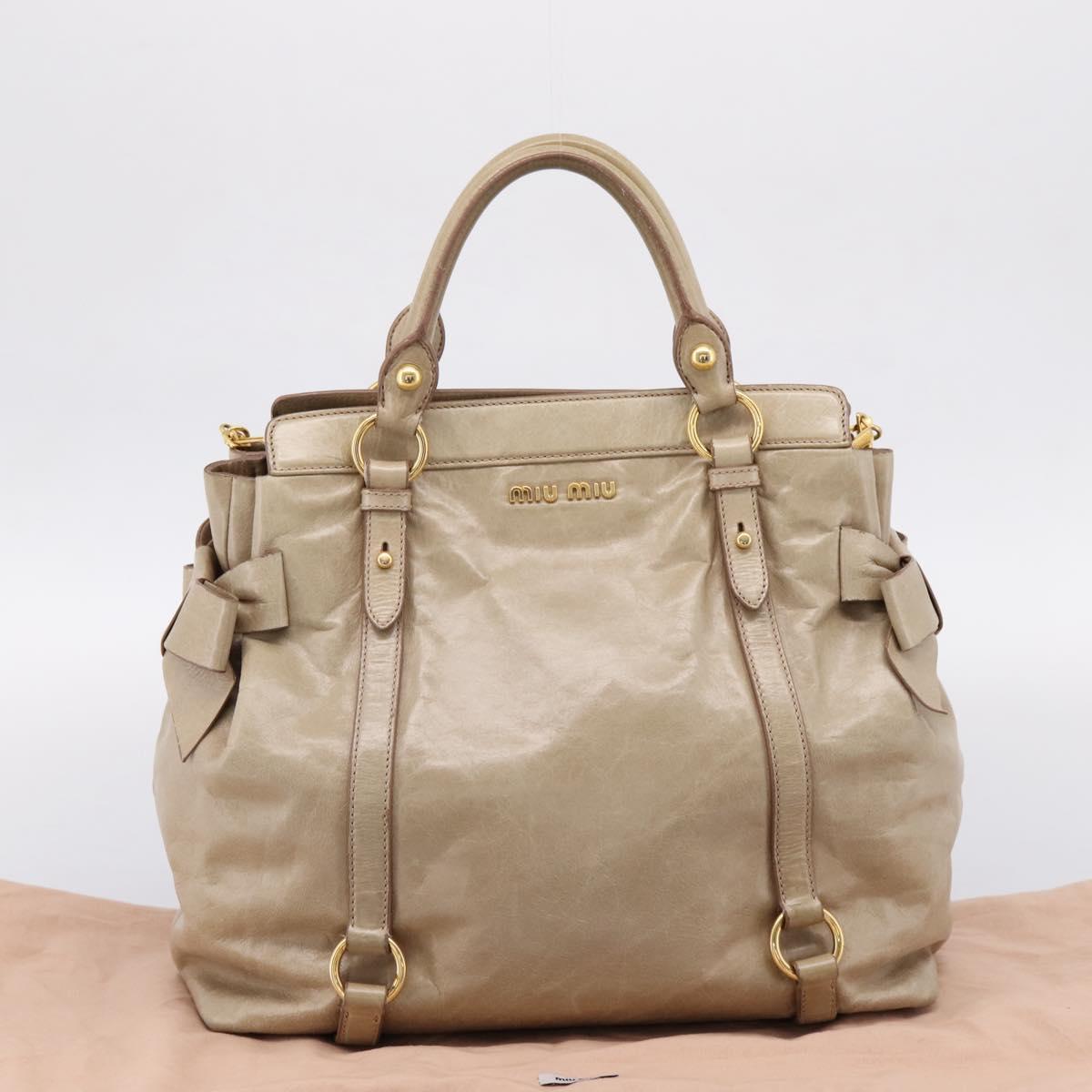 Miu Miu Side Ribbon Hand Bag Leather 2way Beige Gold RN0939 Auth am12577V