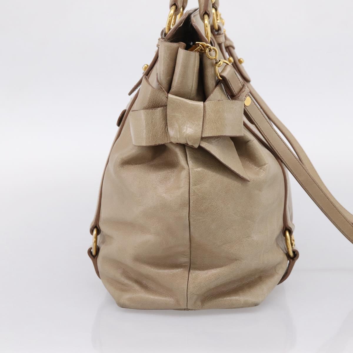 Miu Miu Side Ribbon Hand Bag Leather 2way Beige Gold RN0939 Auth am12577V