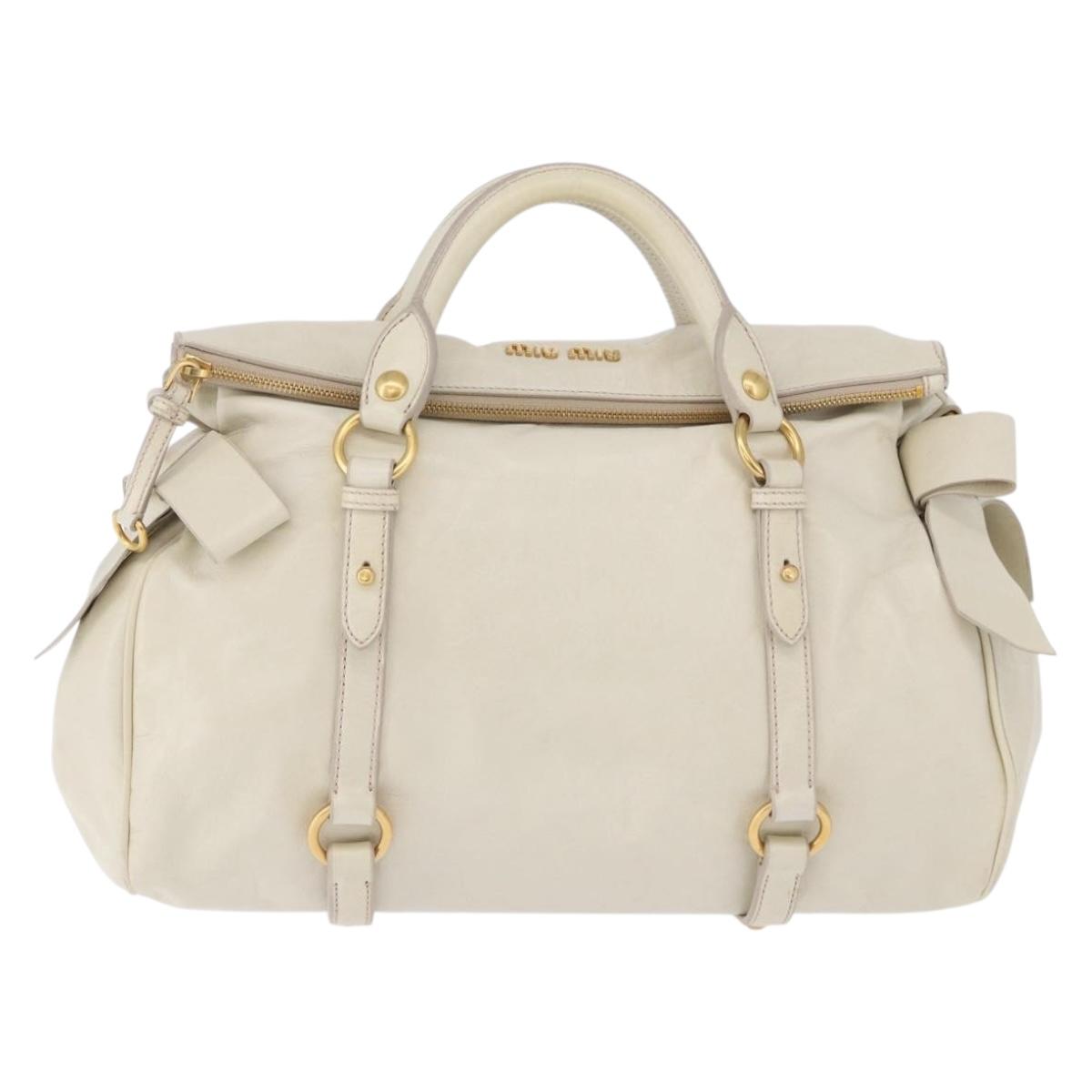 Miu Miu Side Ribbon Hand Bag Leather 2way White Gold Auth am12582V