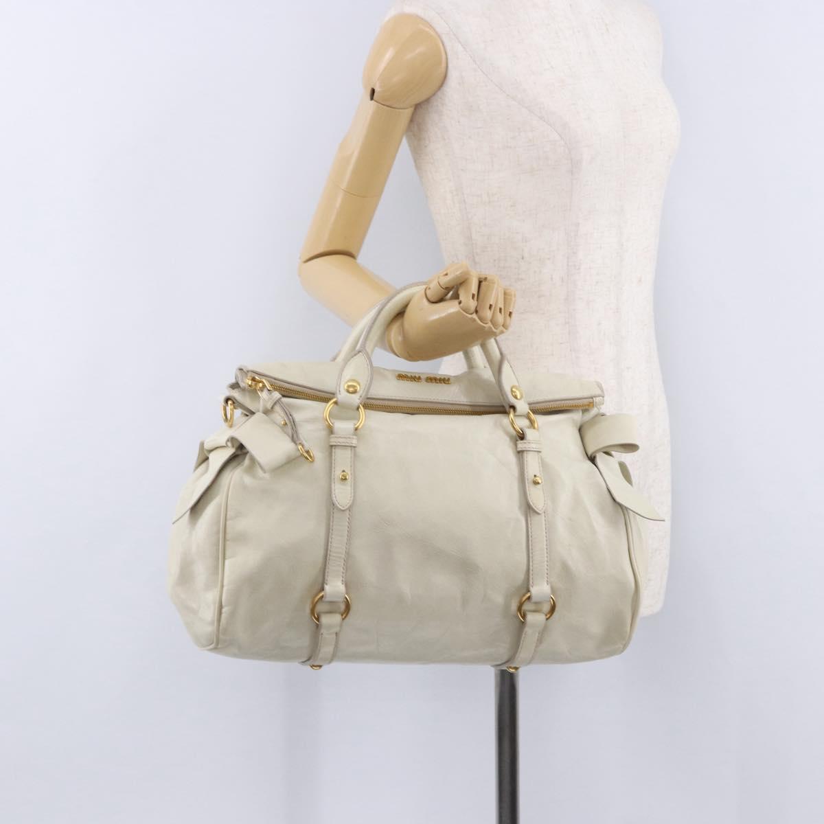 Miu Miu Side Ribbon Hand Bag Leather 2way White Gold Auth am12582V