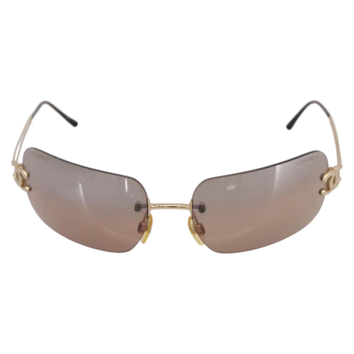 CHANEL CC Rimless Sunglasses metal Brown CC Auth am12584M
