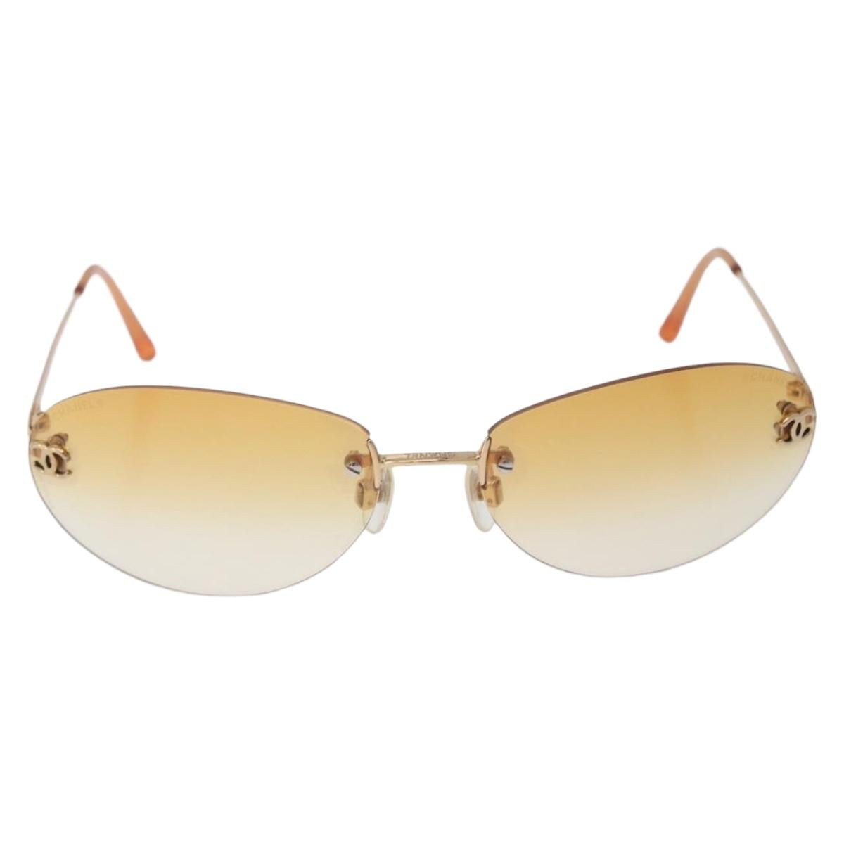 CHANEL CC Rimless Sunglasses metal Orange CC Auth am12585M