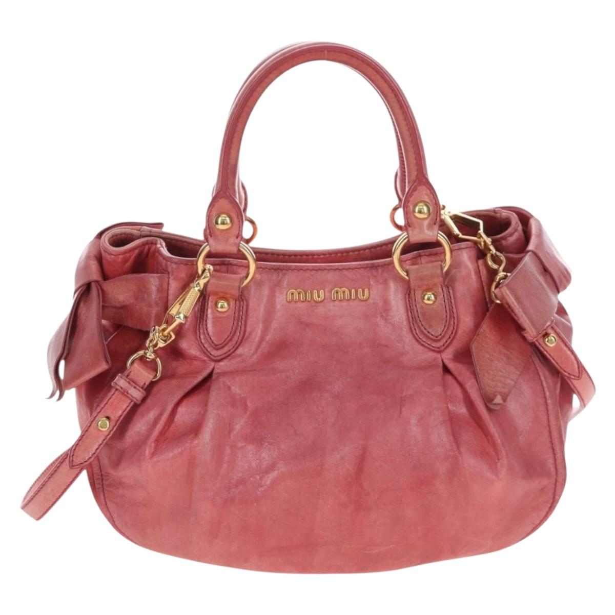 Miu Miu Side Ribbon Hand Bag Leather 2way Pink Gold Auth am12586V