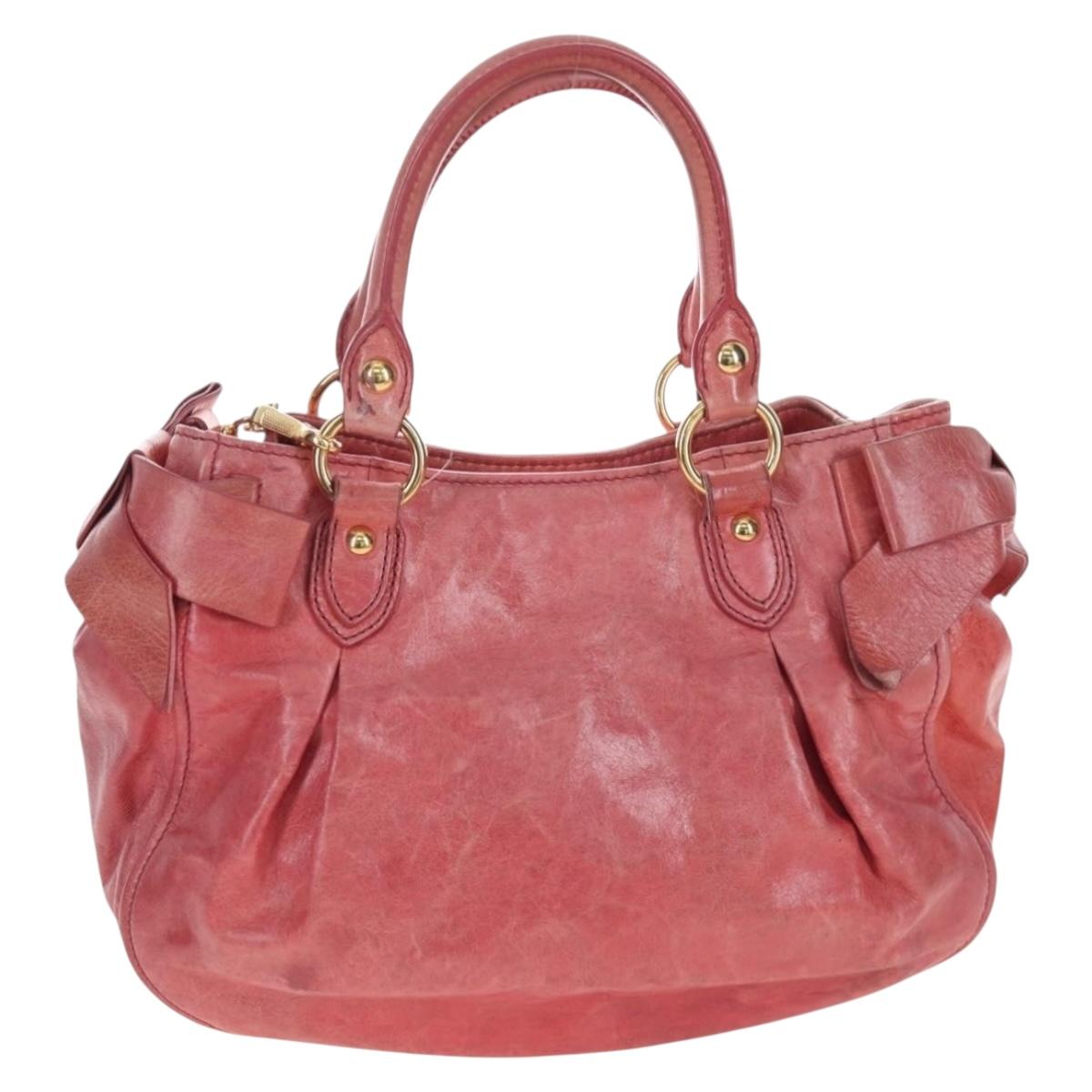 Miu Miu Side Ribbon Hand Bag Leather 2way Pink Gold Auth am12586V
