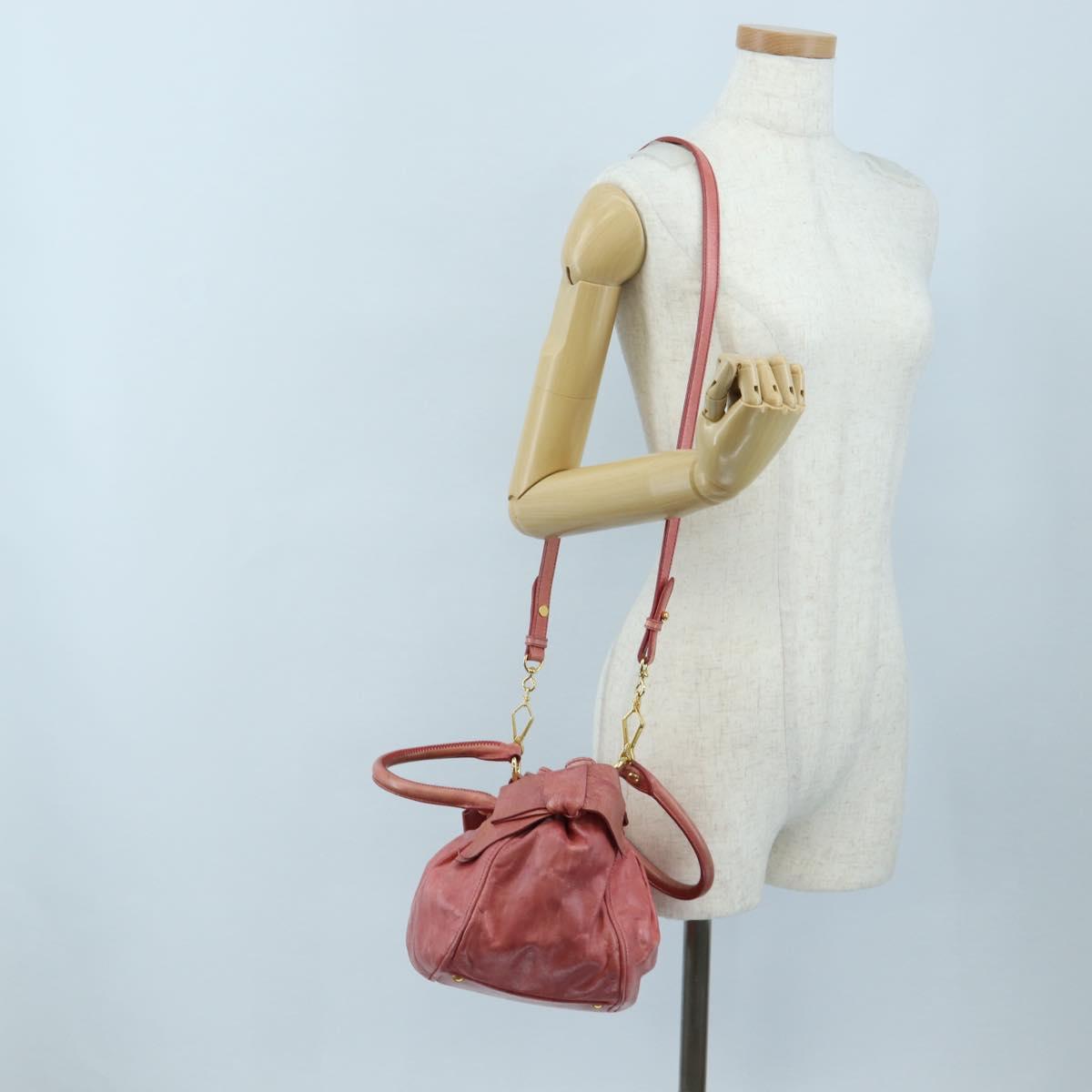 Miu Miu Side Ribbon Hand Bag Leather 2way Pink Gold Auth am12586V