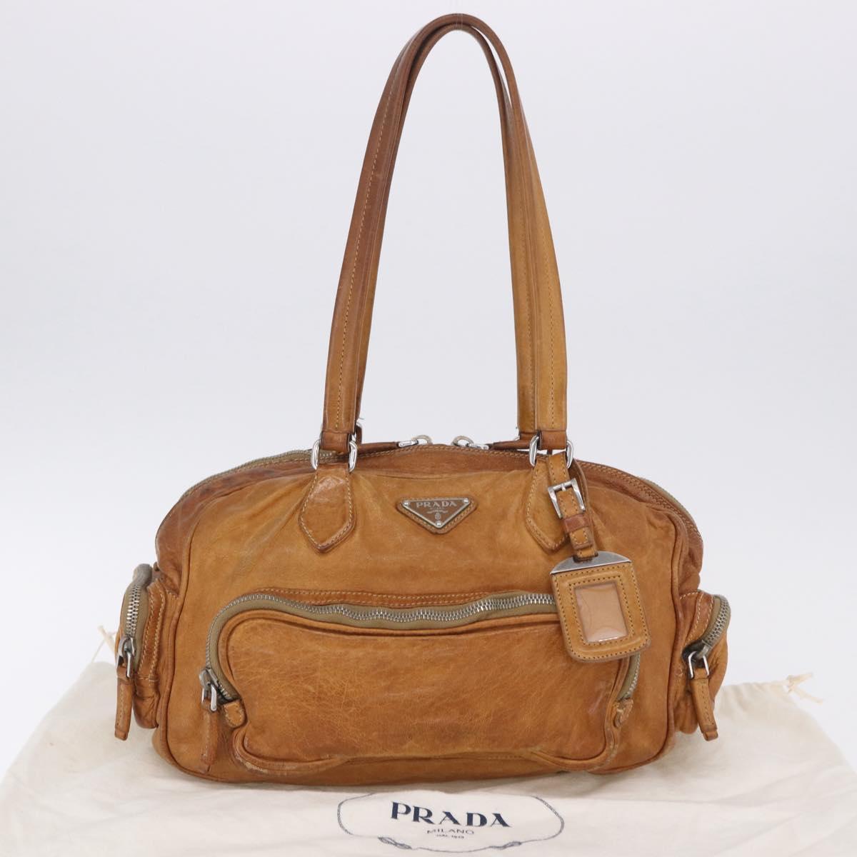 PRADA Hand Bag Leather Brown Silver Auth am12592V