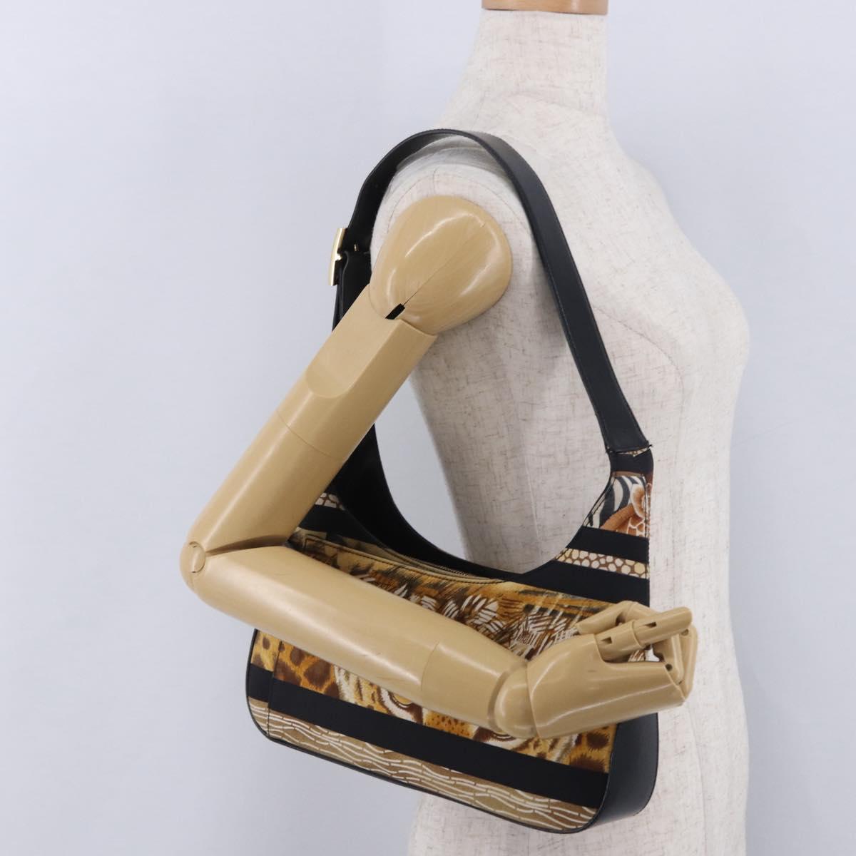 Salvatore Ferragamo Leopard Hand Bag Nylon Leather Beige Gold Auth am12601V