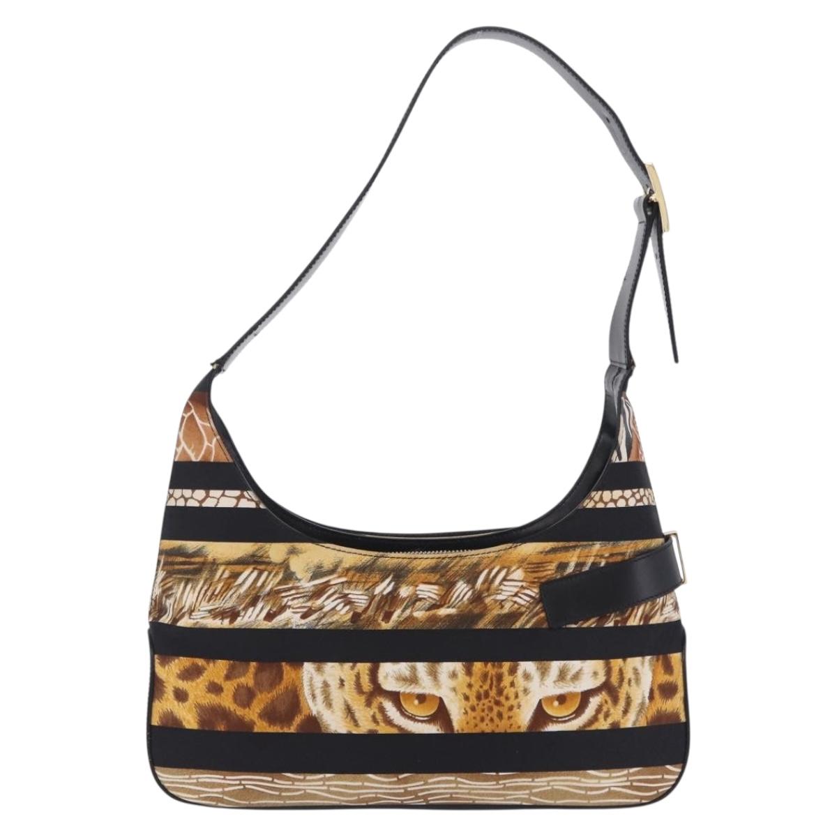 Salvatore Ferragamo Leopard Hand Bag Nylon Leather Beige Gold Auth am12601V