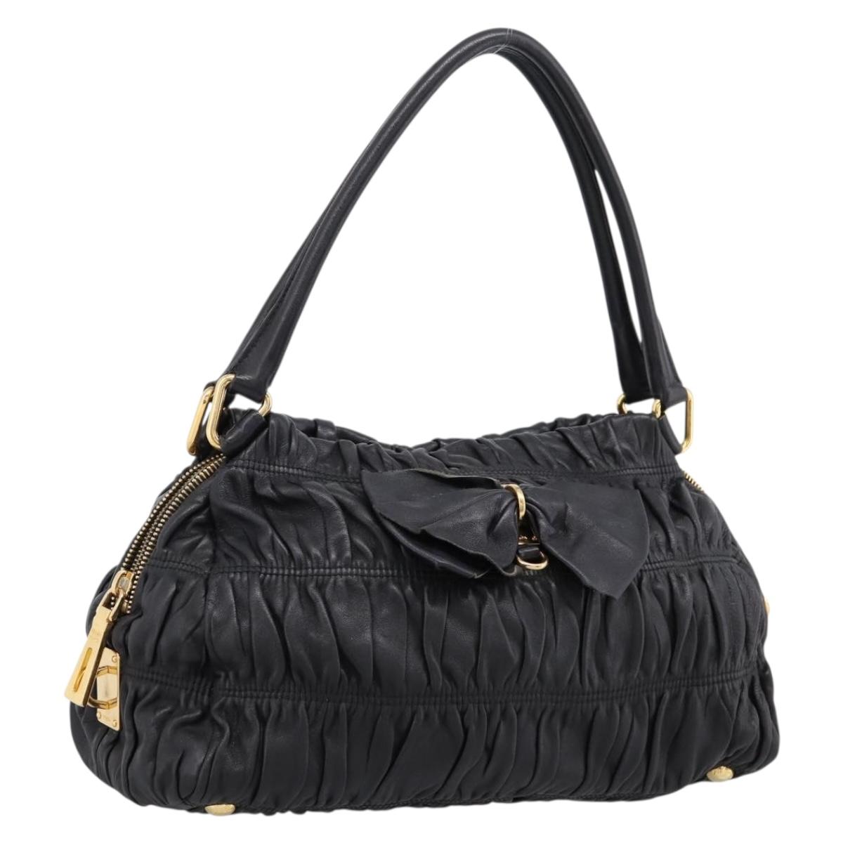 PRADA Hand Bag Leather Black Gold Auth am12603SAM