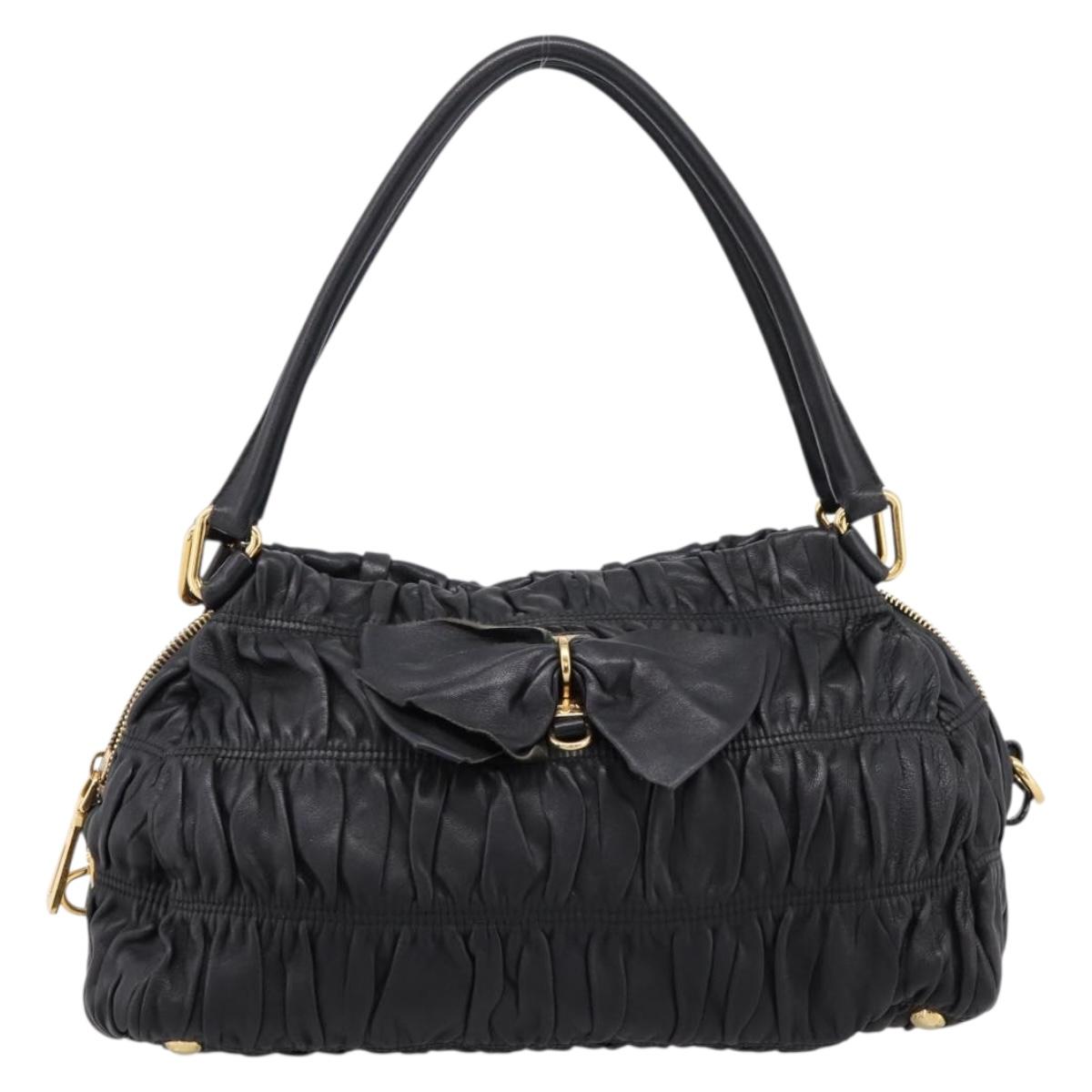 PRADA Hand Bag Leather Black Gold Auth am12603SAM