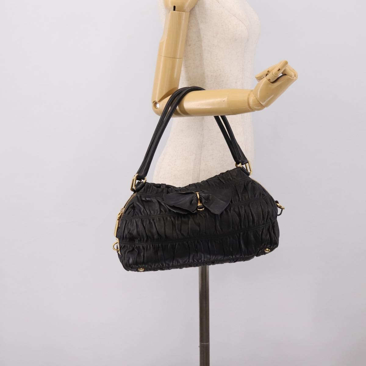 PRADA Hand Bag Leather Black Gold Auth am12603SAM