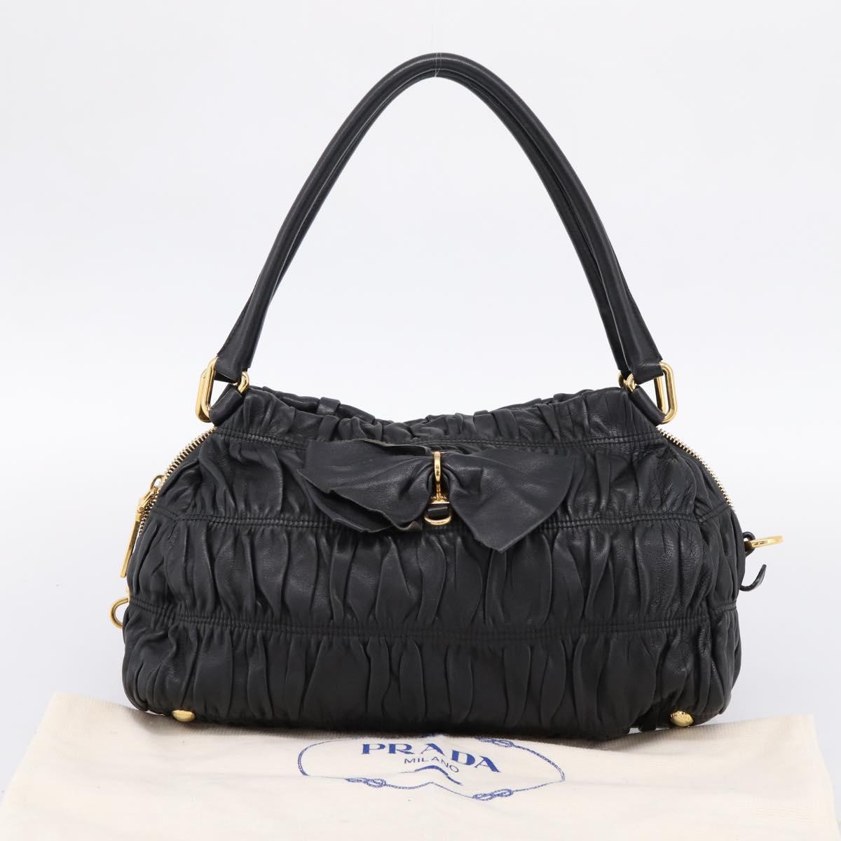 PRADA Hand Bag Leather Black Gold Auth am12603SAM