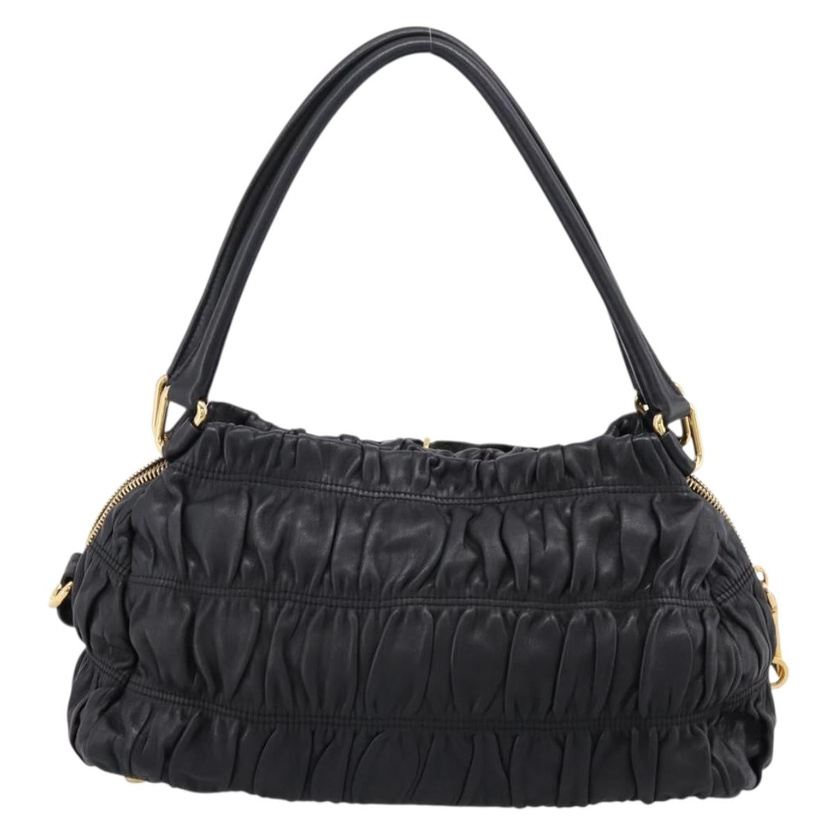 PRADA Hand Bag Leather Black Gold Auth am12603SAM