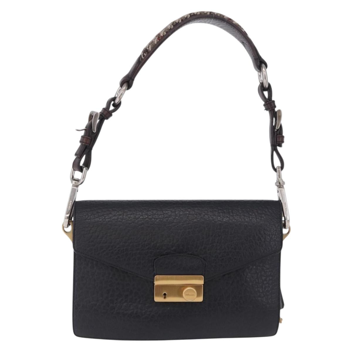 PRADA Ready Lock Shoulder Hand Bag Leather Black Gold Auth am12604V