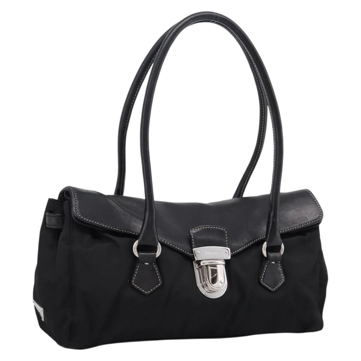 PRADA Hand Bag Nylon Leather Black Silver Auth am12605V
