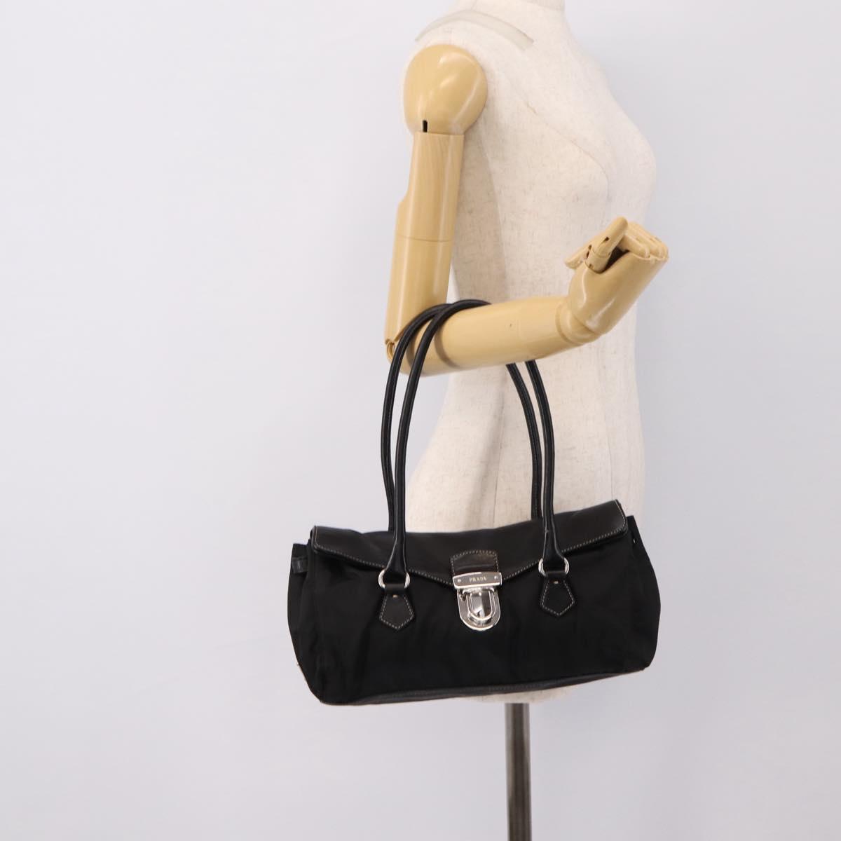 PRADA Hand Bag Nylon Leather Black Silver Auth am12605V
