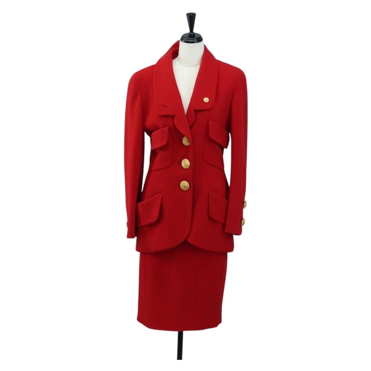 CHANEL Skirt Setup Jacket Cotton Red CC Auth am12620