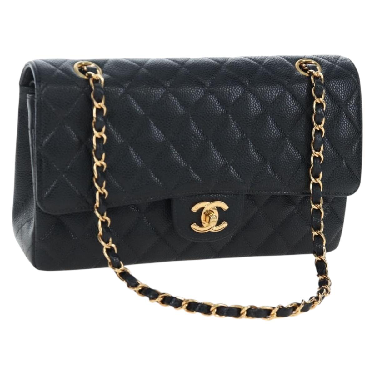 CHANEL Double Flap Chain Matelasse Bag Caviar Skin Black Gold CC Auth am12621SM