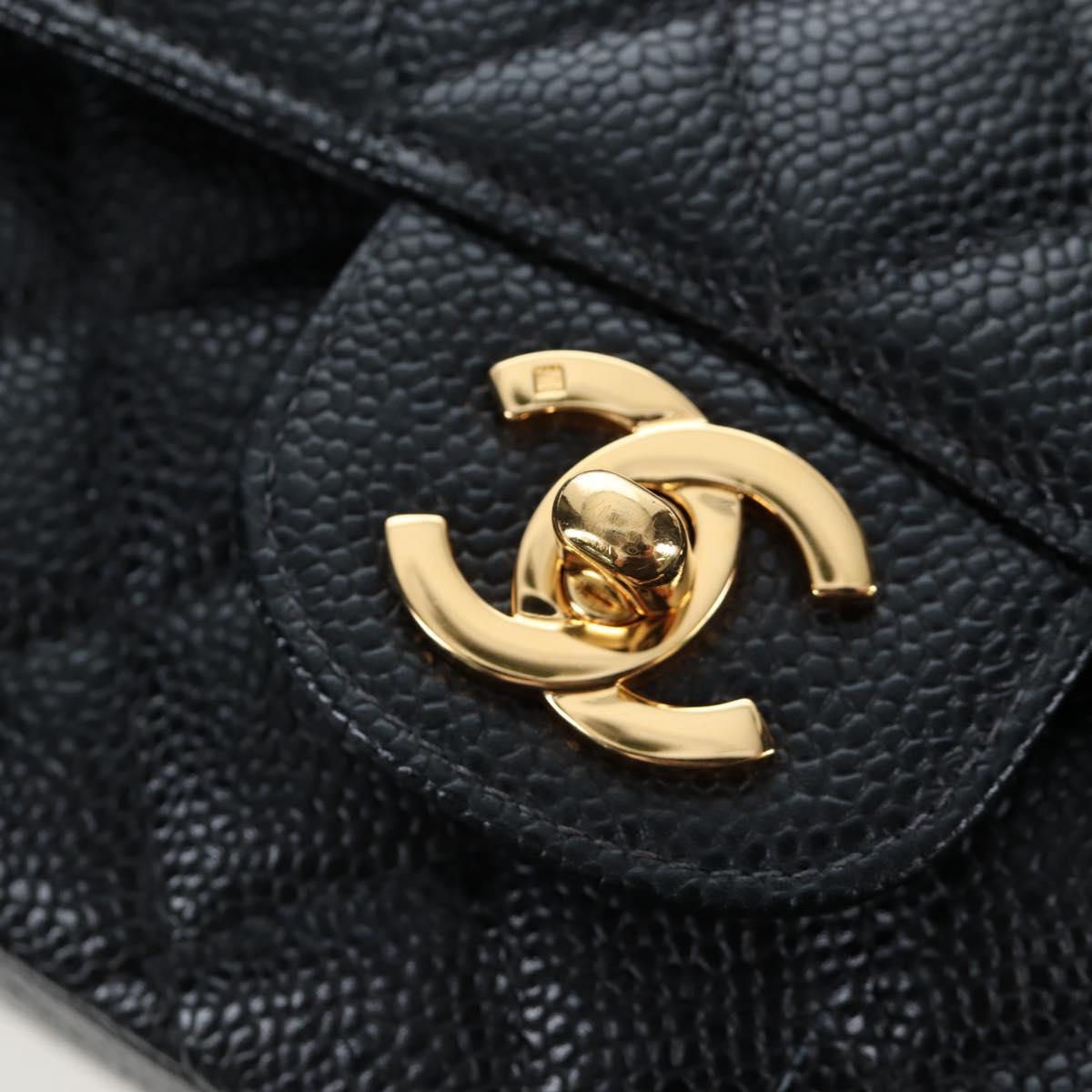 CHANEL Double Flap Chain Matelasse Bag Caviar Skin Black Gold CC Auth am12621SM