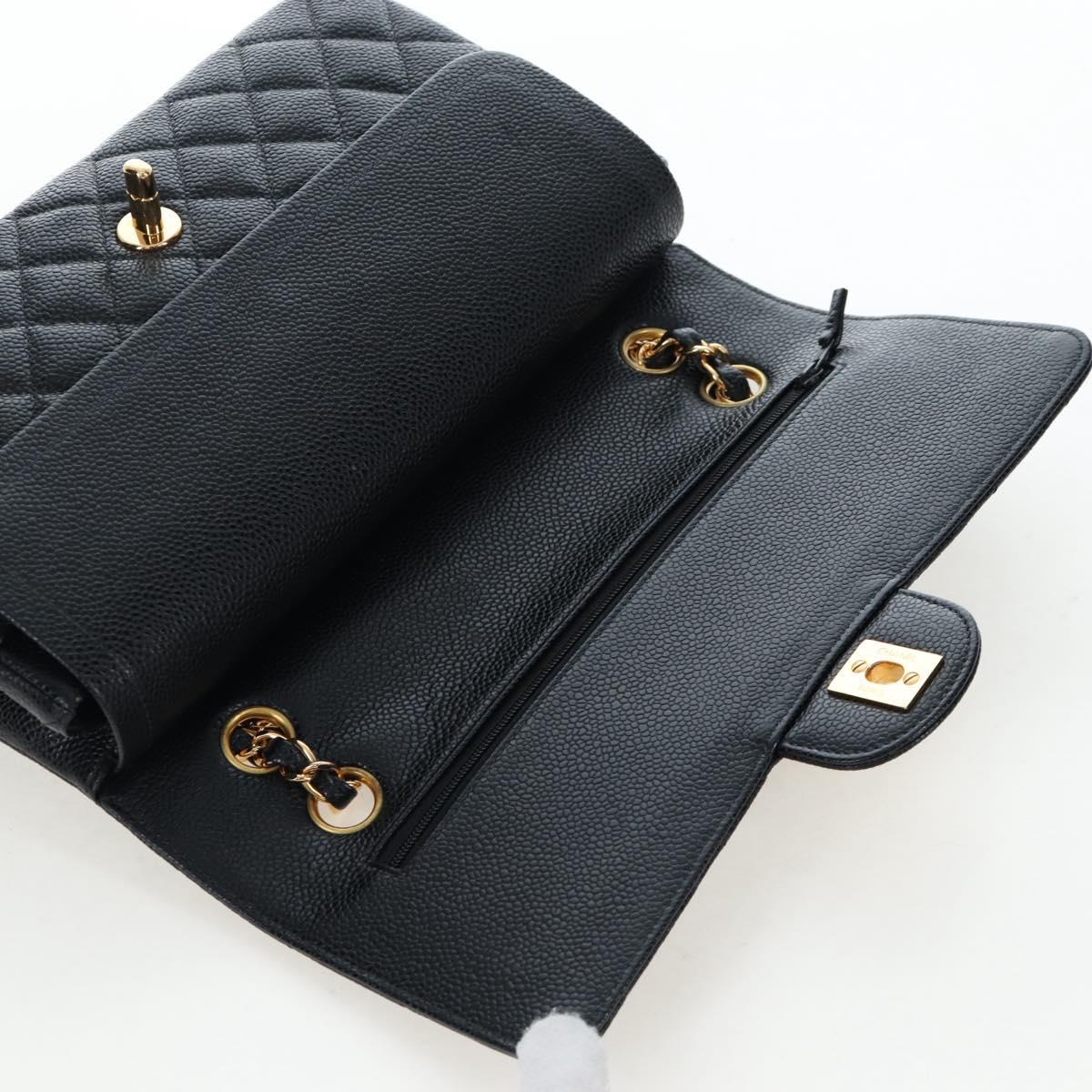 CHANEL Double Flap Chain Matelasse Bag Caviar Skin Black Gold CC Auth am12621SM