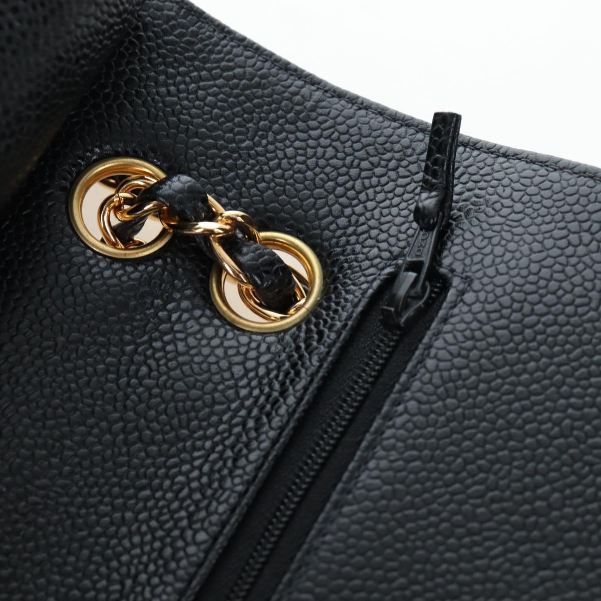 CHANEL Double Flap Chain Matelasse Bag Caviar Skin Black Gold CC Auth am12621SM