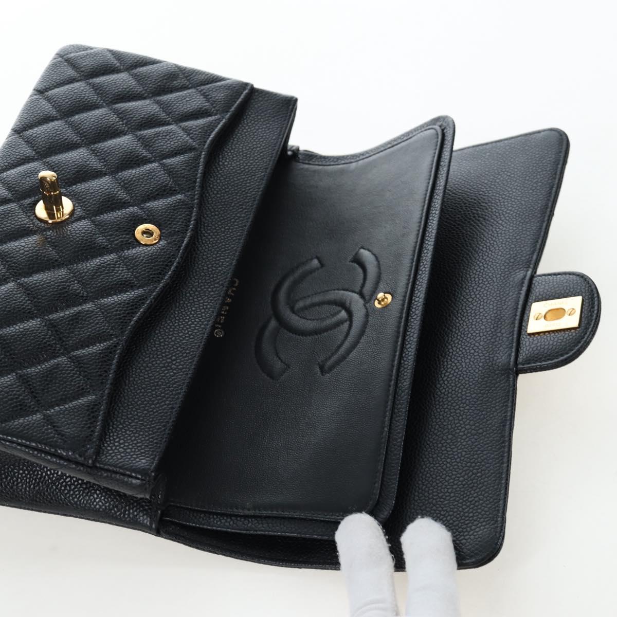 CHANEL Double Flap Chain Matelasse Bag Caviar Skin Black Gold CC Auth am12621SM