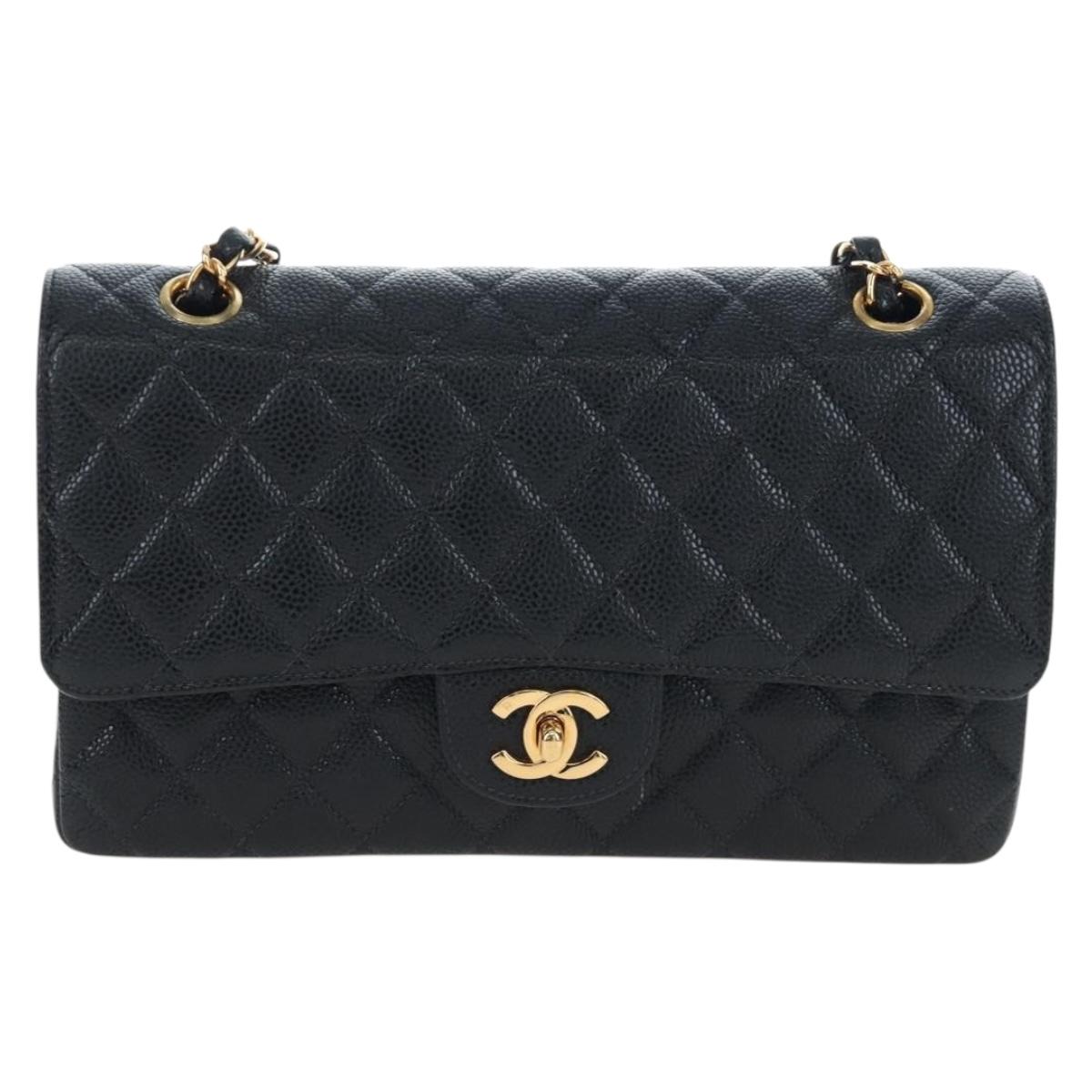 CHANEL Double Flap Chain Matelasse Bag Caviar Skin Black Gold CC Auth am12621SM
