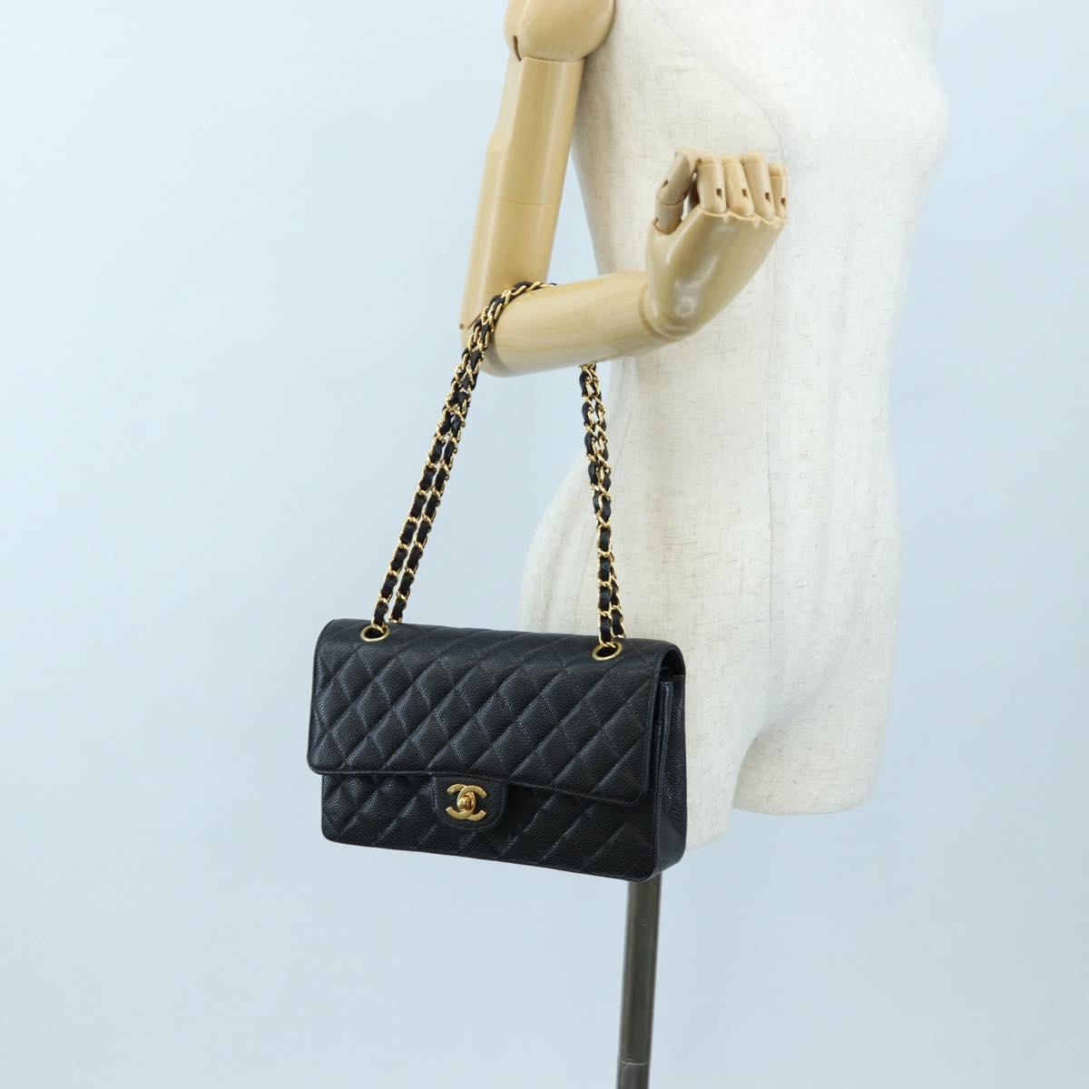 CHANEL Double Flap Chain Matelasse Bag Caviar Skin Black Gold CC Auth am12621SM