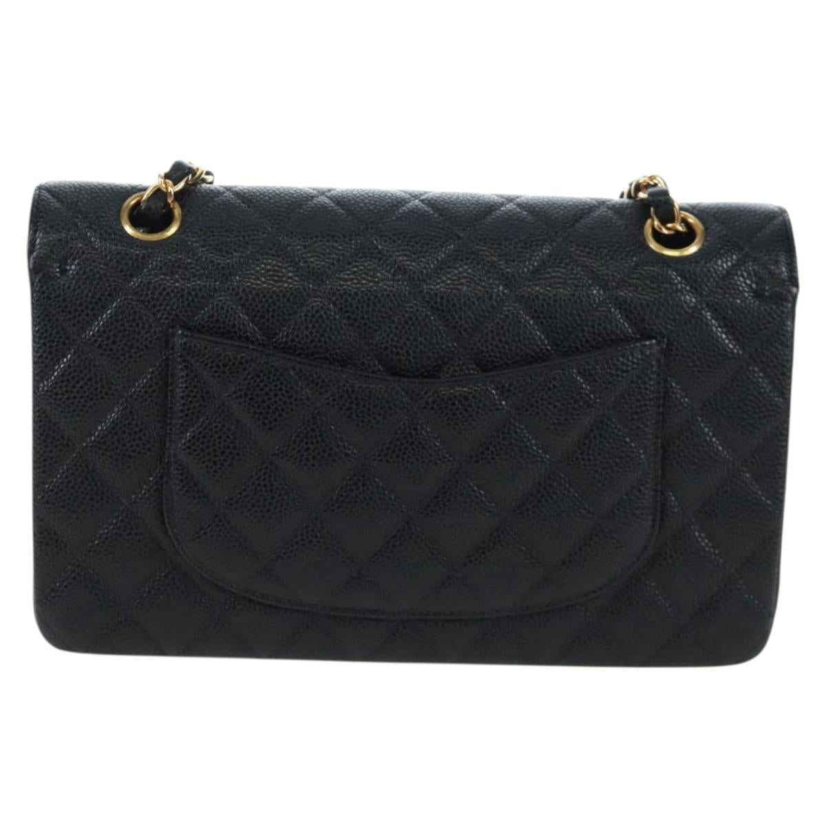 CHANEL Double Flap Chain Matelasse Bag Caviar Skin Black Gold CC Auth am12621SM