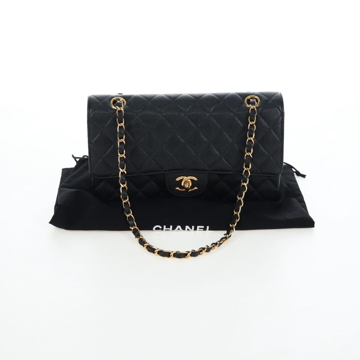 CHANEL Double Flap Chain Matelasse Bag Caviar Skin Black Gold CC Auth am12621SM