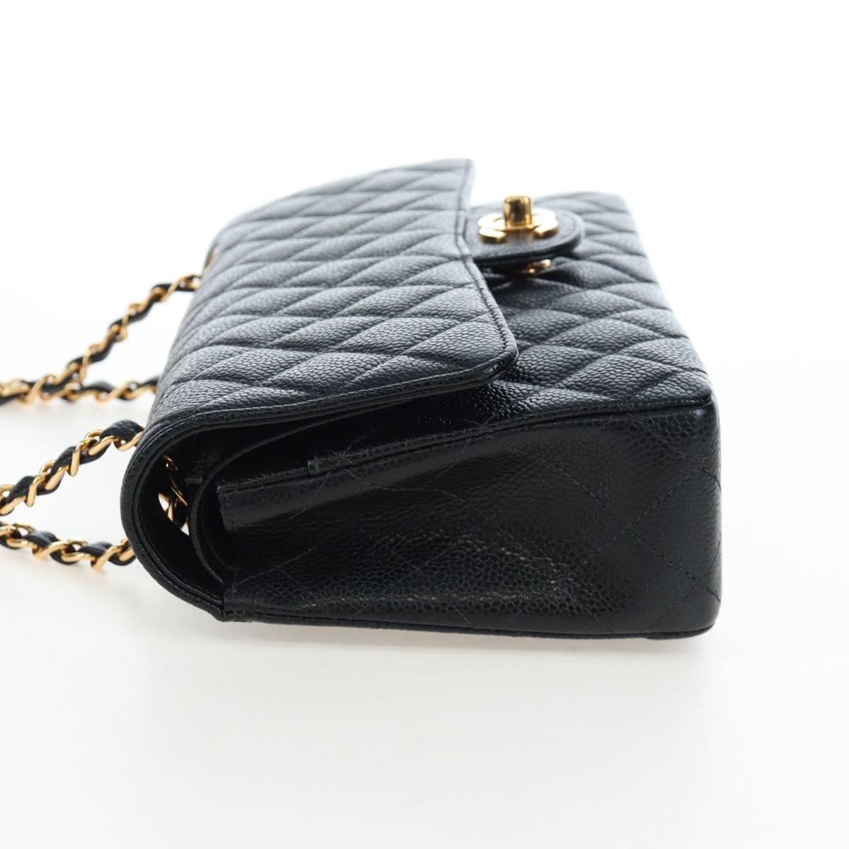 CHANEL Double Flap Chain Matelasse Bag Caviar Skin Black Gold CC Auth am12621SM