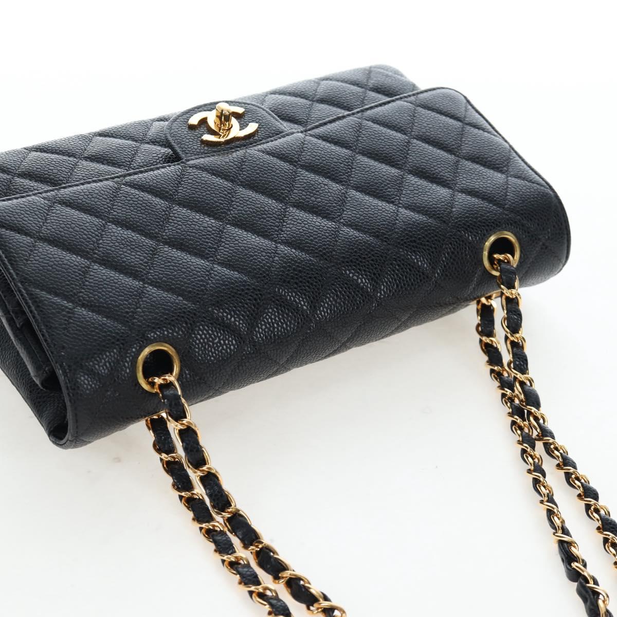 CHANEL Double Flap Chain Matelasse Bag Caviar Skin Black Gold CC Auth am12621SM