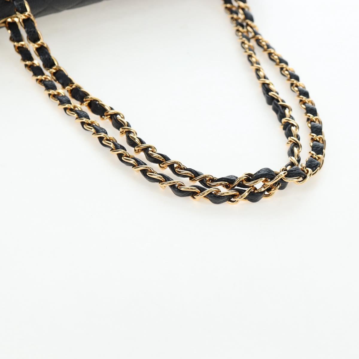 CHANEL Double Flap Chain Matelasse Bag Caviar Skin Black Gold CC Auth am12621SM
