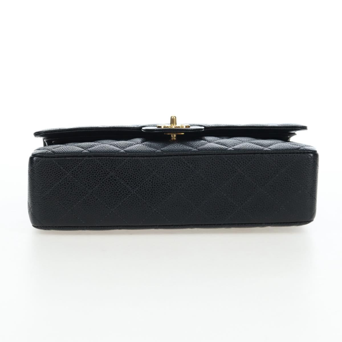 CHANEL Double Flap Chain Matelasse Bag Caviar Skin Black Gold CC Auth am12621SM