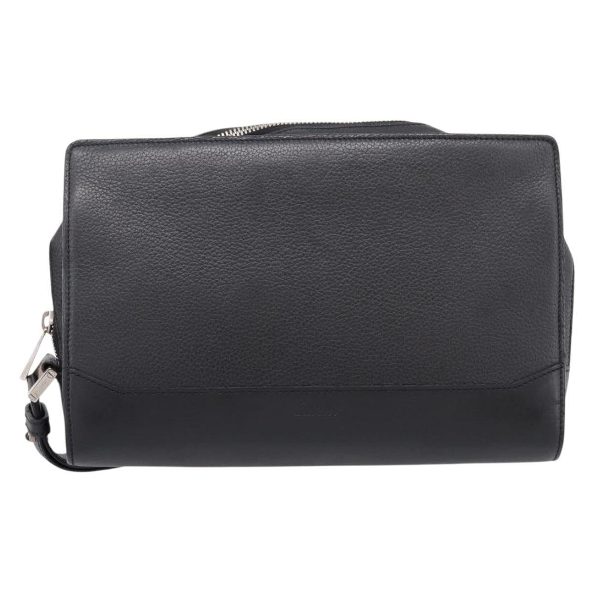 CARTIER Clutch Bag Leather Black Silver Auth am12649A