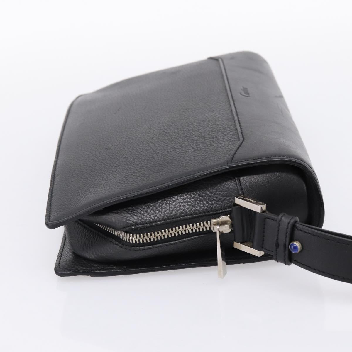 CARTIER Clutch Bag Leather Black Silver Auth am12649A