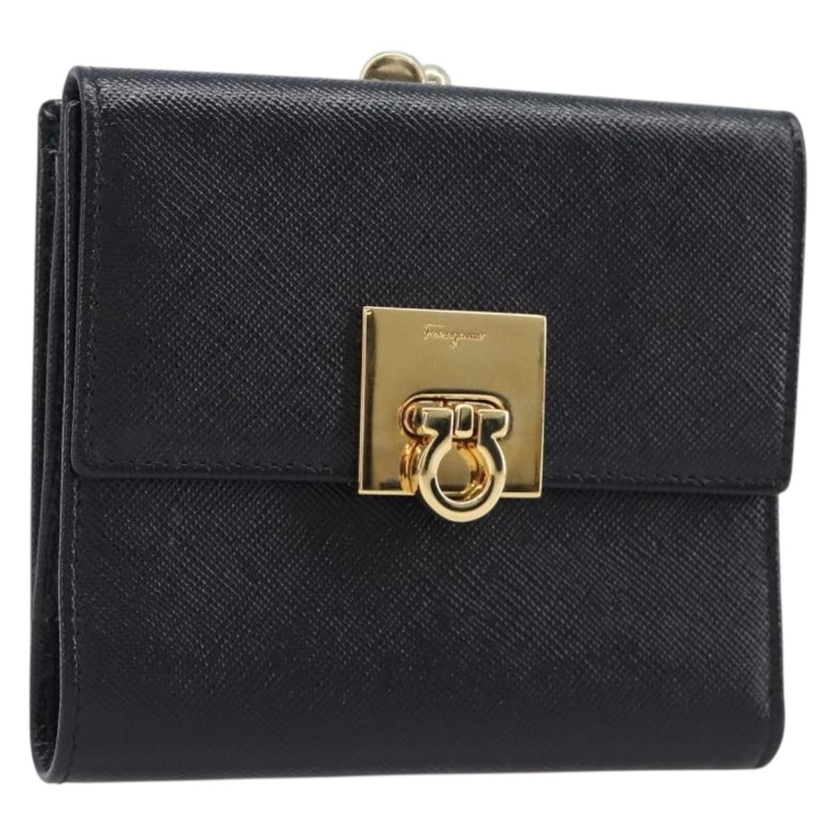 Salvatore Ferragamo Gancini Gamaguchi Compact Wallet Leather Black Auth am12650V